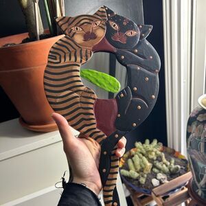 Vintage 15" X 8.5" Folk Art Brown and Black Cat Wall Mirror Indonesia